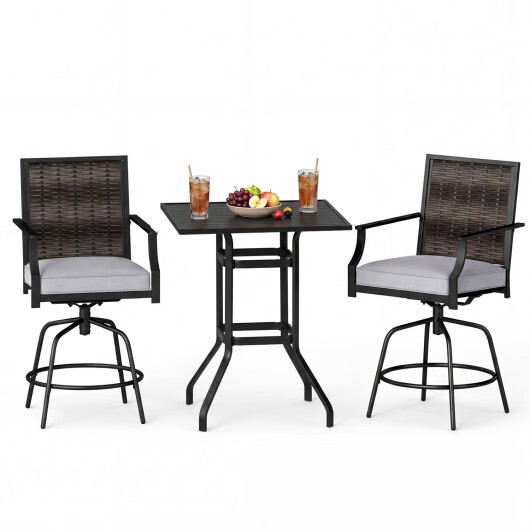 3 Pieces Outdoor Swivel Bar Set High Top Patio Bar Table and Rattan Wicker Chair