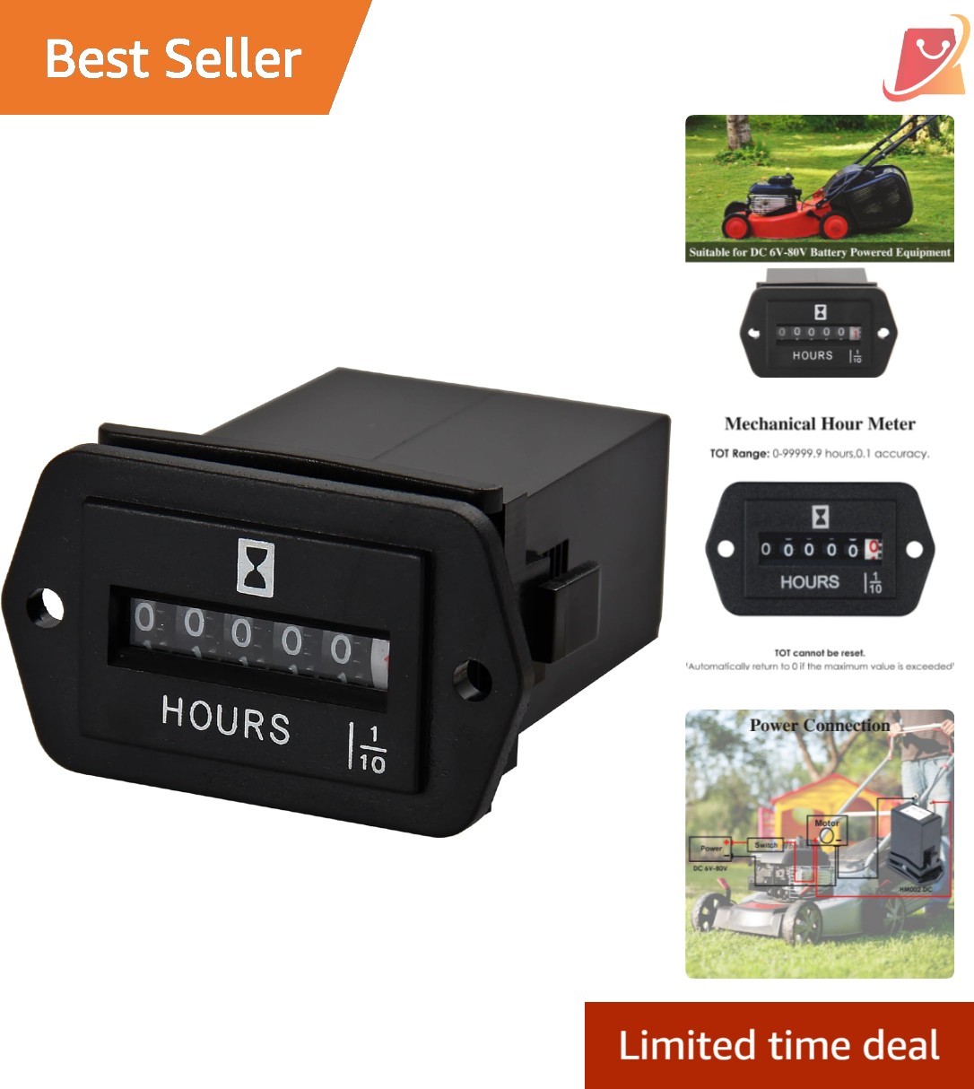 Mechanical Hour Meter ABS 6-80V DC Snap-In for Equipment Up to 99999.9H