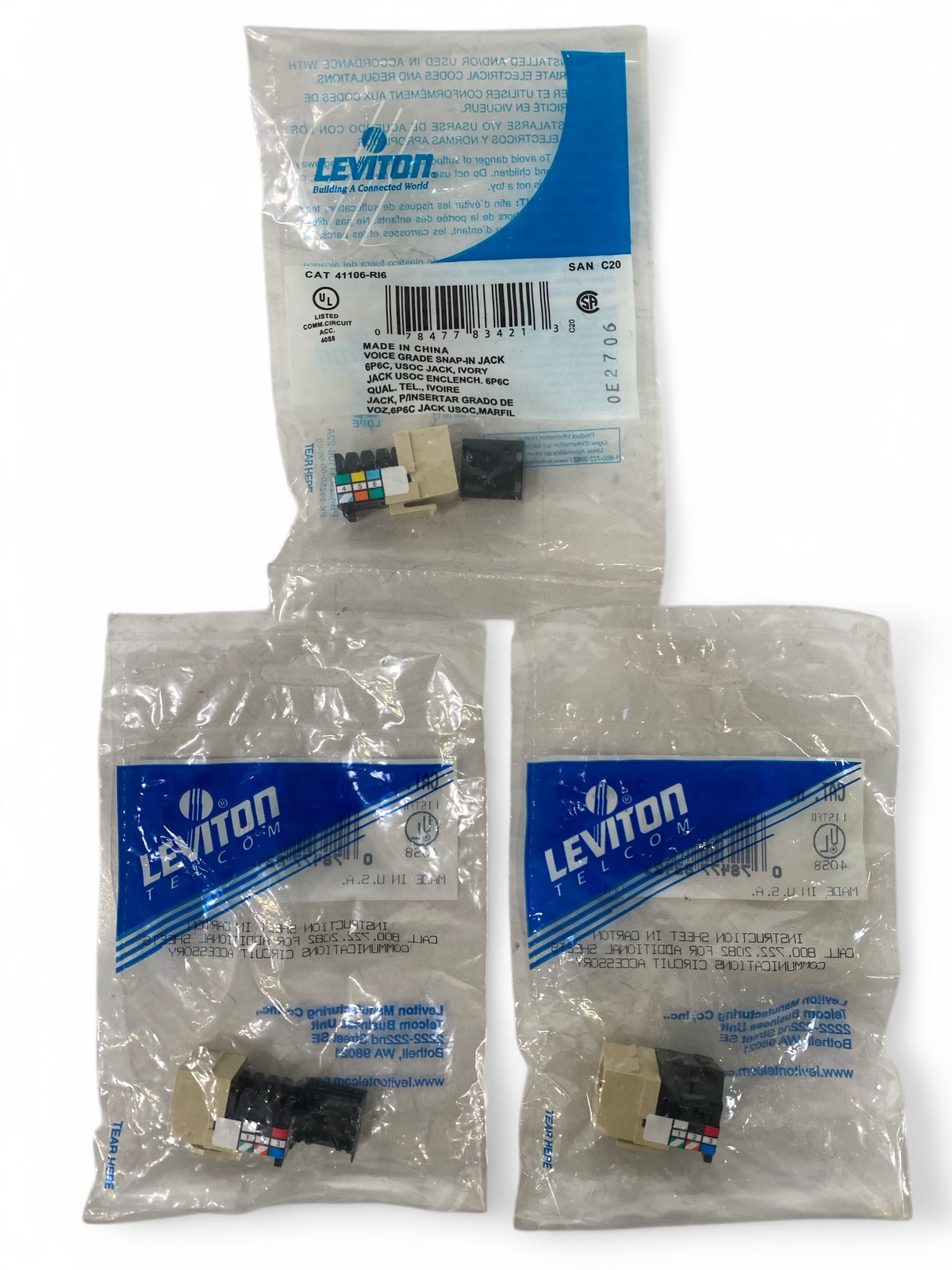 Leviton 41106-RI6 Voice Grade 6P6C Quickport Snap-In Jack - Ivory **Lot of 3**
