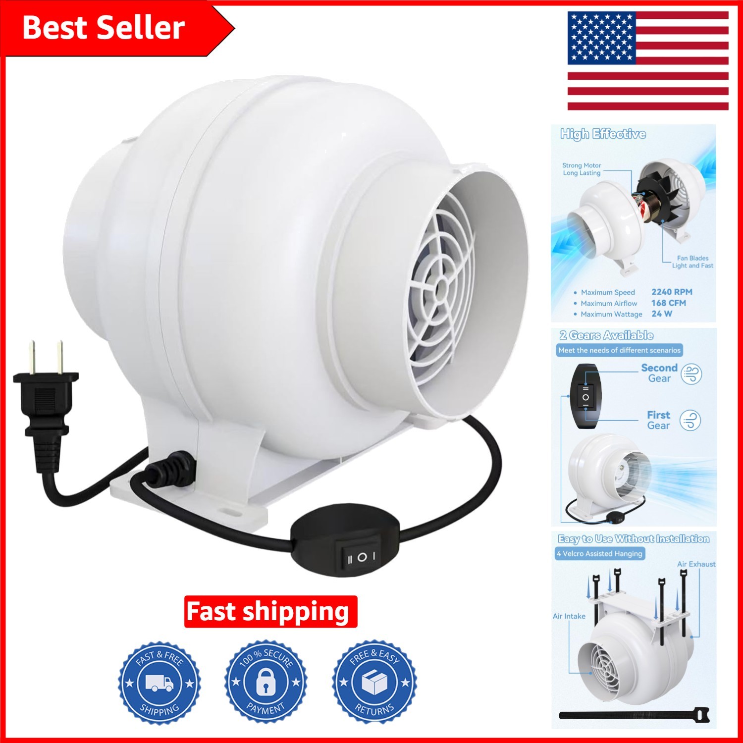 3.5 Inch 168 CFM Inline Duct Fan with 2 Speed Control - Energy Efficient Design