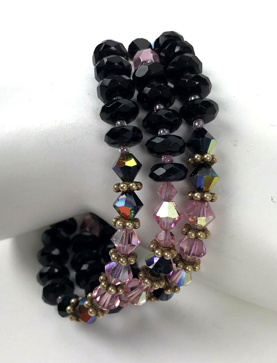 Artisan Bracelet handmade glass beads 3 strand black pink boho