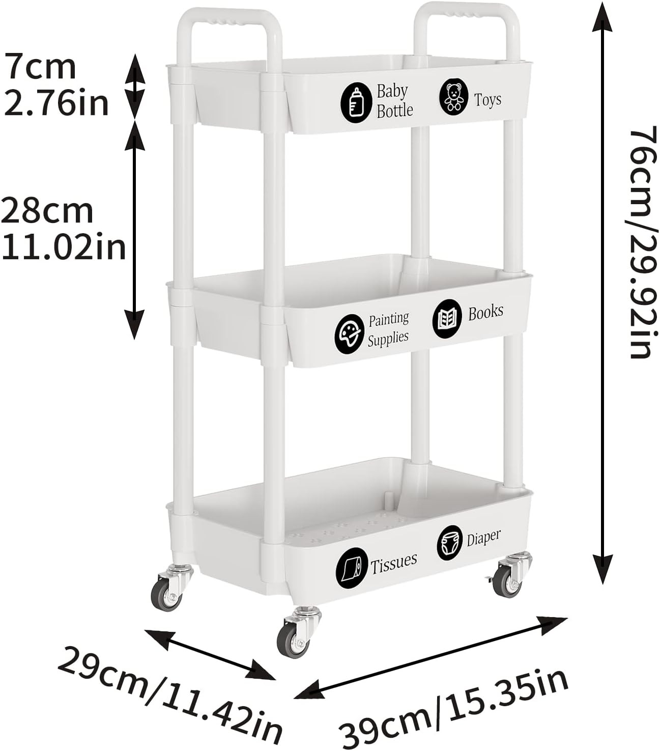 3-Tier Rolling Cart with Wheels,Multifunction Utility Storage Carts, Kitchen Sto