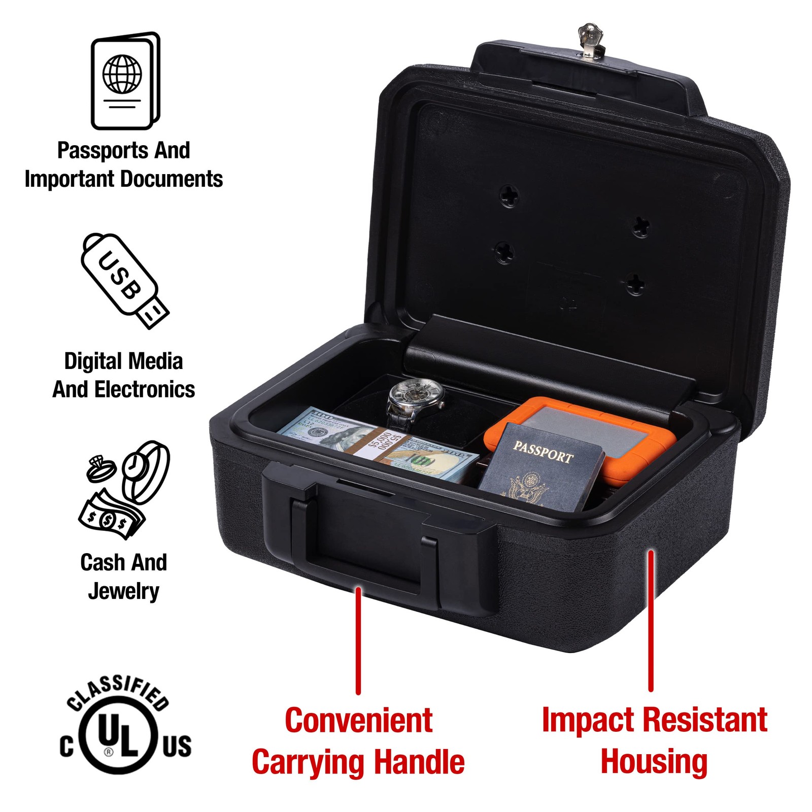 SentrySafe Fireproof Money Safe with Key Lock, Black Lock Box with Portable C...