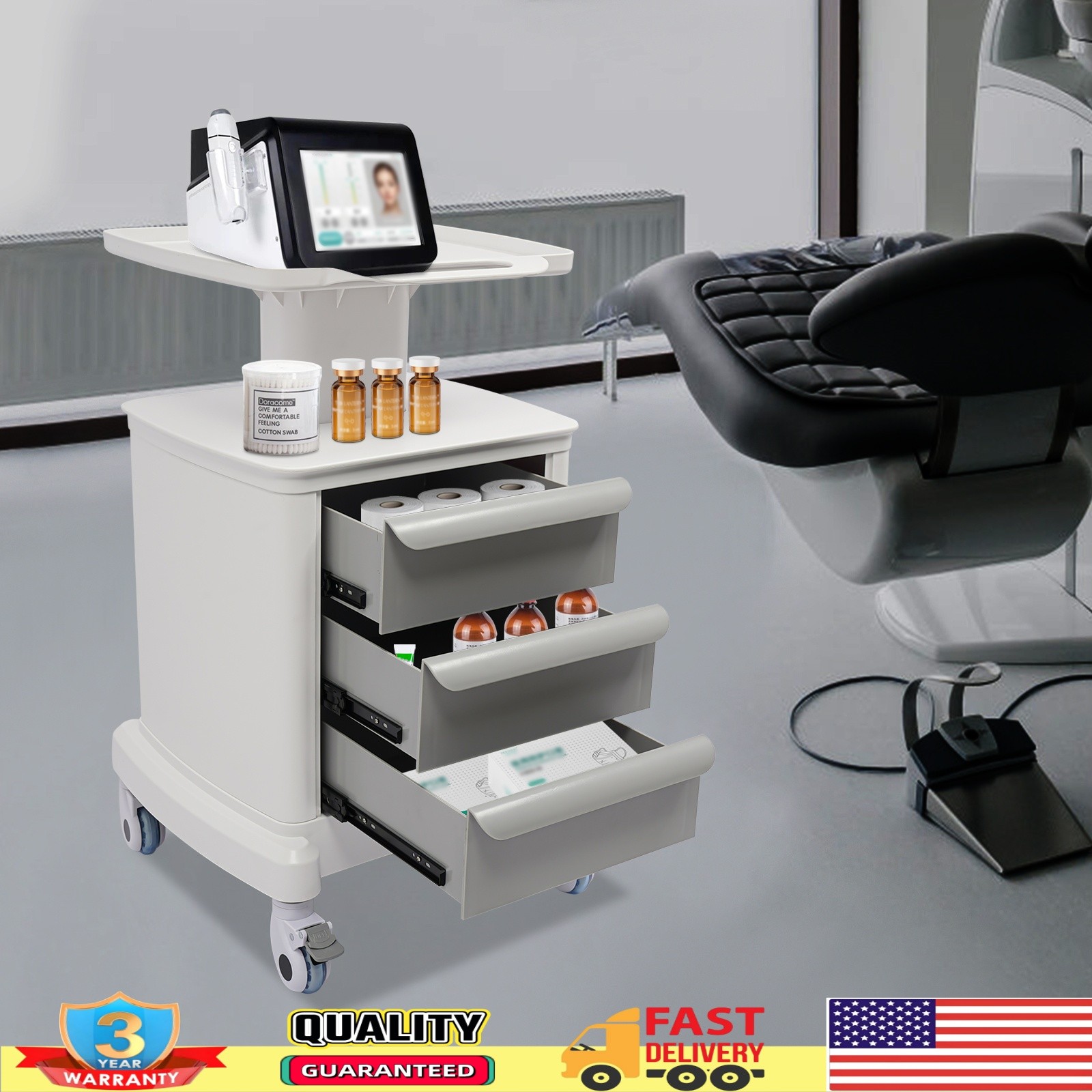 Dental Medical Mobile Cart Instrument Trolley 3 Drawers with Power Socket