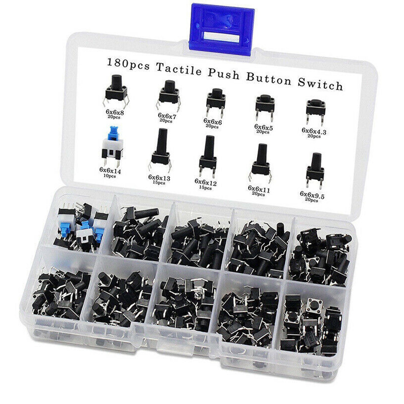 180pcs 4.3-14mm 10 Type 6X6 Light Touch Tactile Push Button Switch Assortment