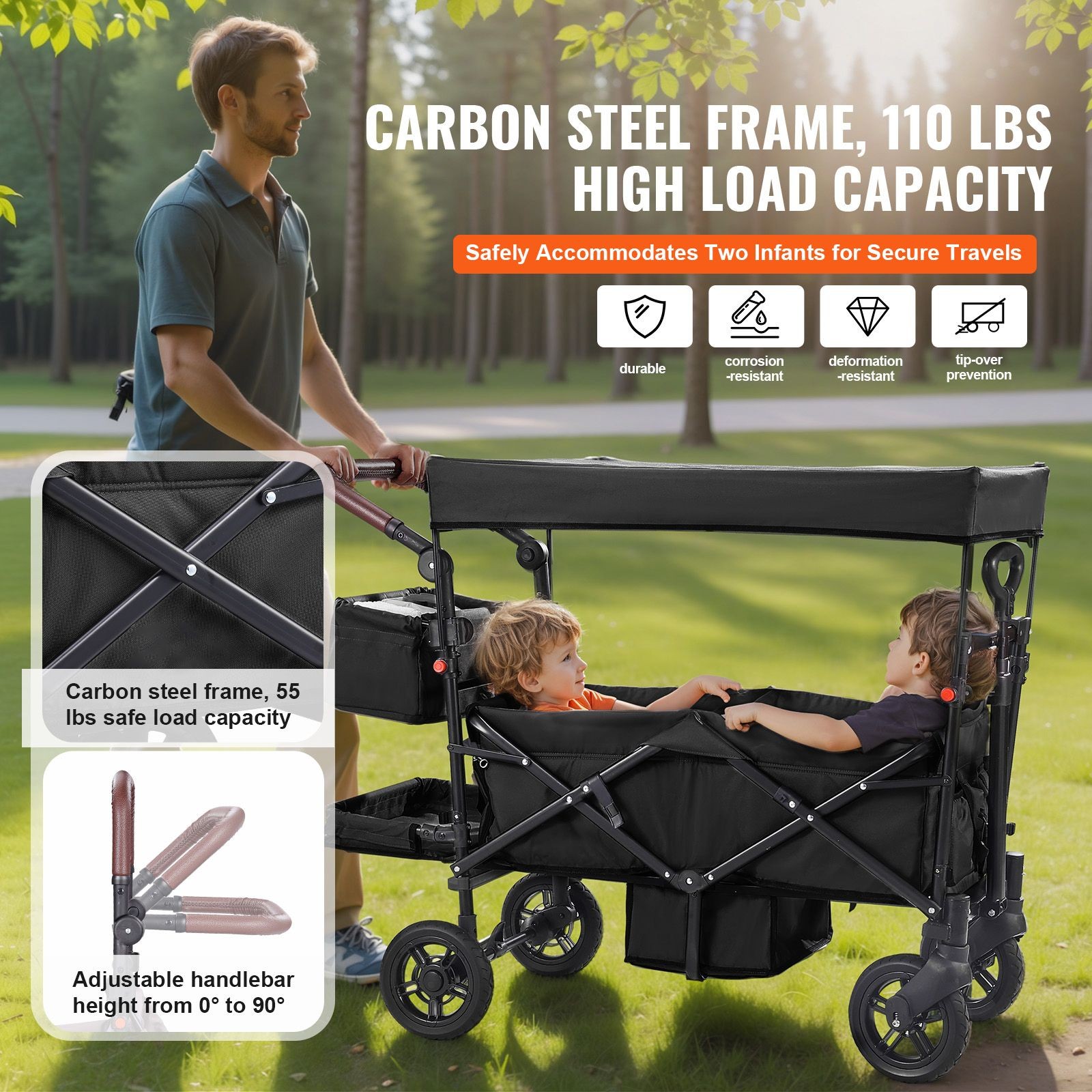 Wagon Stroller for 2 Kids, Push Pull Quad Collapsible Stroller/ Adjustable