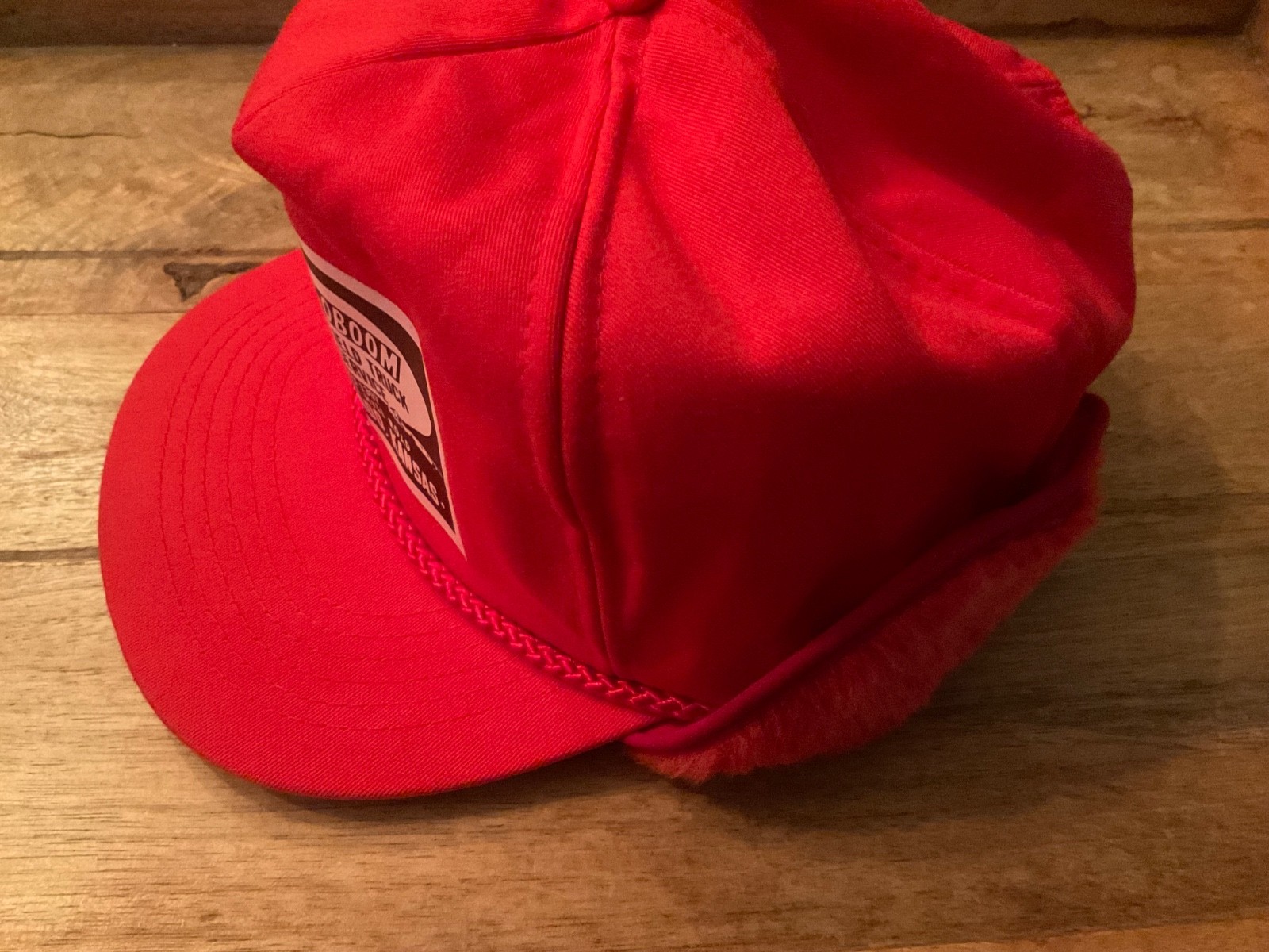 VINTAGE SAN SUN FAUX FUR EAR FLAP BRIM HAT HOGOBOOM TRUCKING ( ADULT OS ) RED