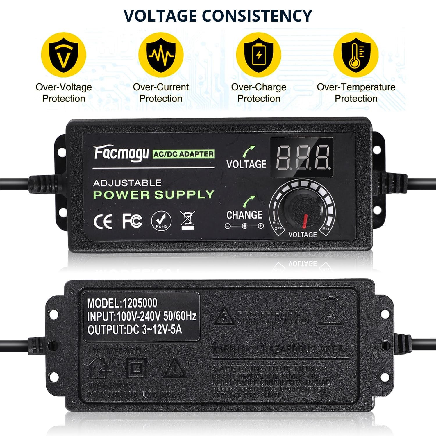 3V-12V 5A 60W Adjustable Power Supply with LED Display Variable DC 3V 5V 6V