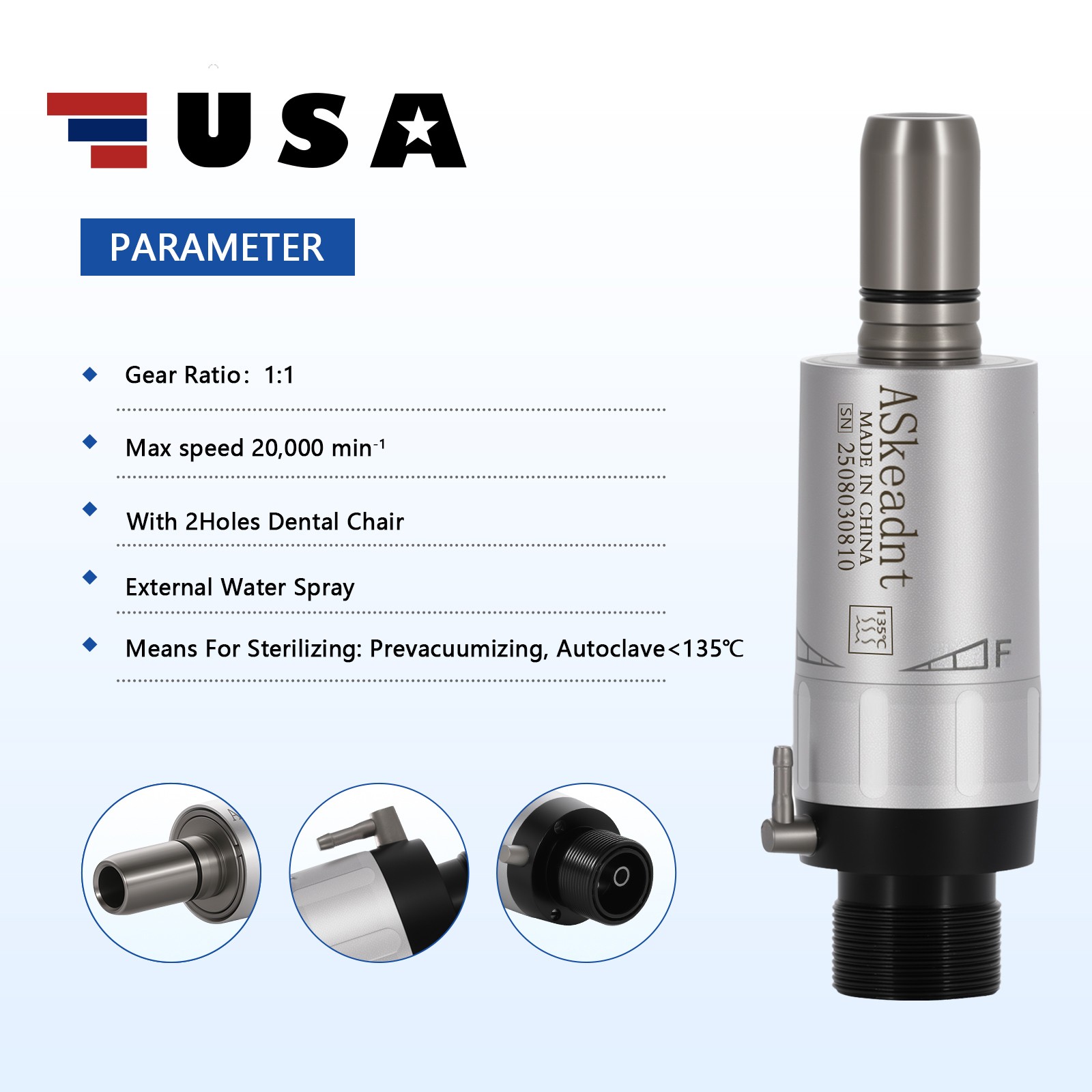 ASkeadnt Dental Slow Low Speed Handpiece Air Motor E-type 2 Holes Micromotor FX