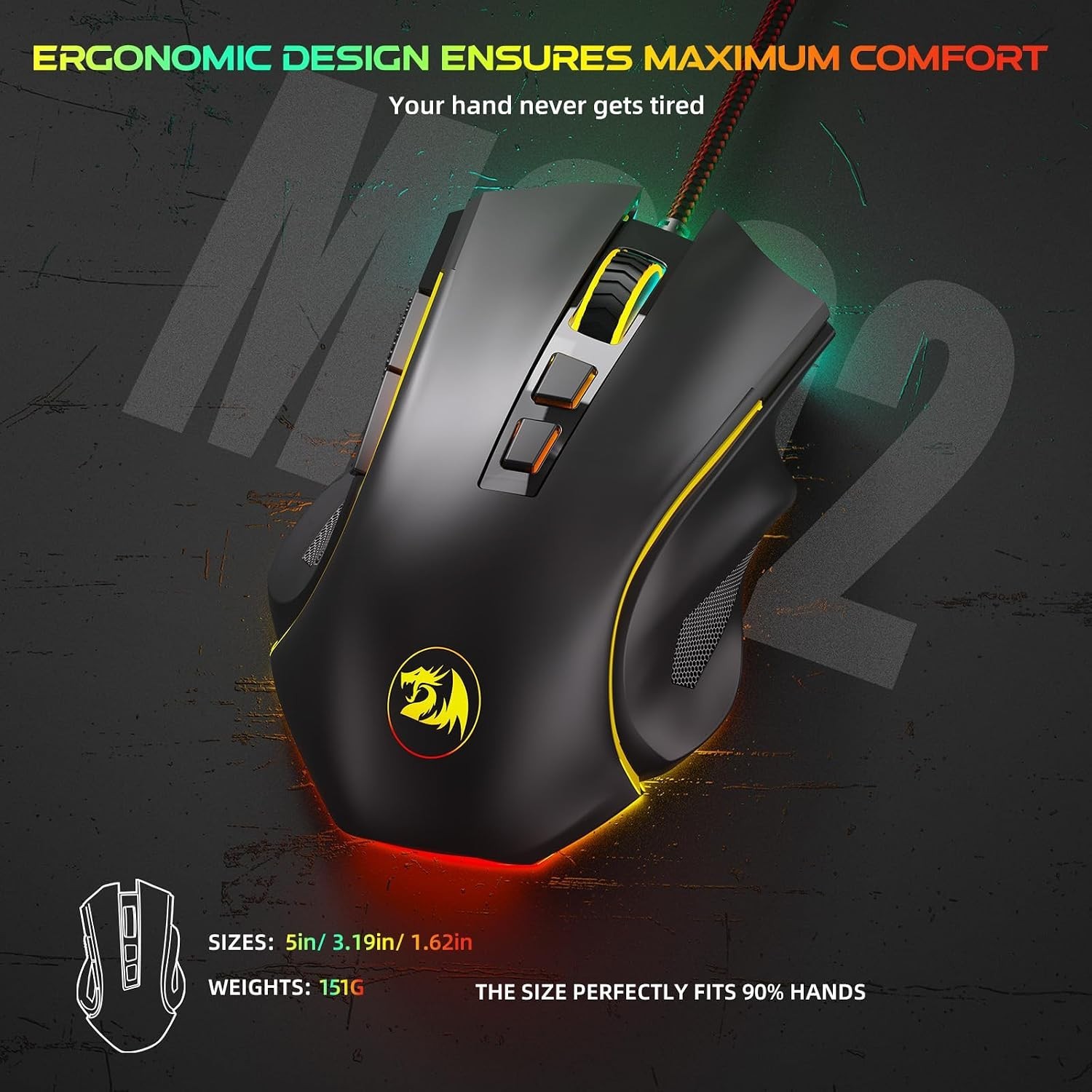 M602 Gaming Mouse, Ergonomic RGB Gaming Mouse Wired with 7200 Adjustable DPI,...