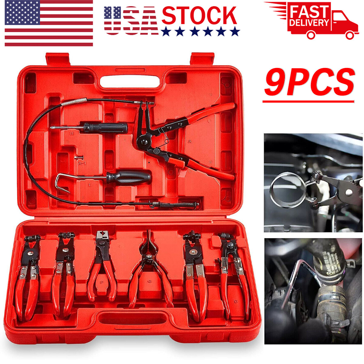 Flexible Automotive Hose Clamp Clip Plier Tool Set Swivel Jaw Flat Angled Band