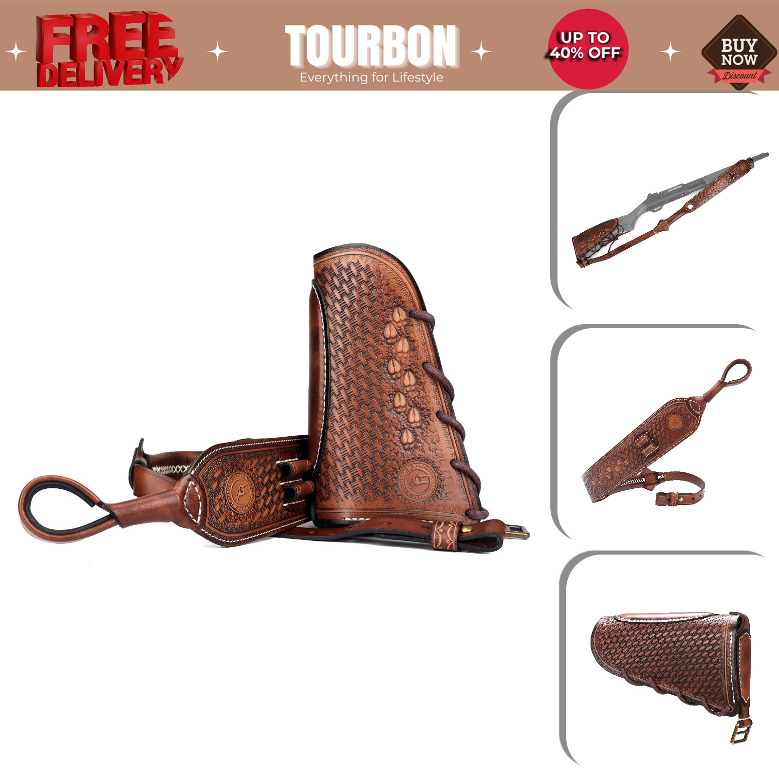 Tourbon Retro Leather No Drill Gun Slings Strap/Rifle Buttstock Cover Recoil Pad