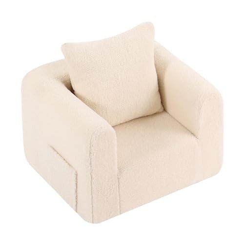 Kids Sofa with Pillow, Cozy Toddler Chair Soft Foam Seat for Sherpa Beige