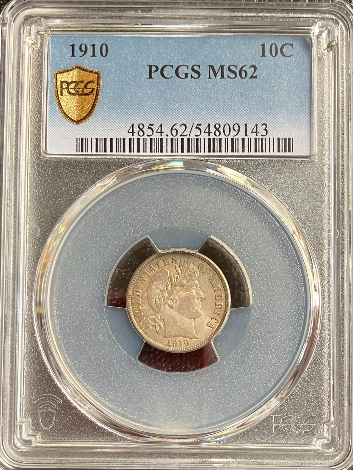 1910 Barber Dime ~ *Toned* ~ Graded PCGS MS62