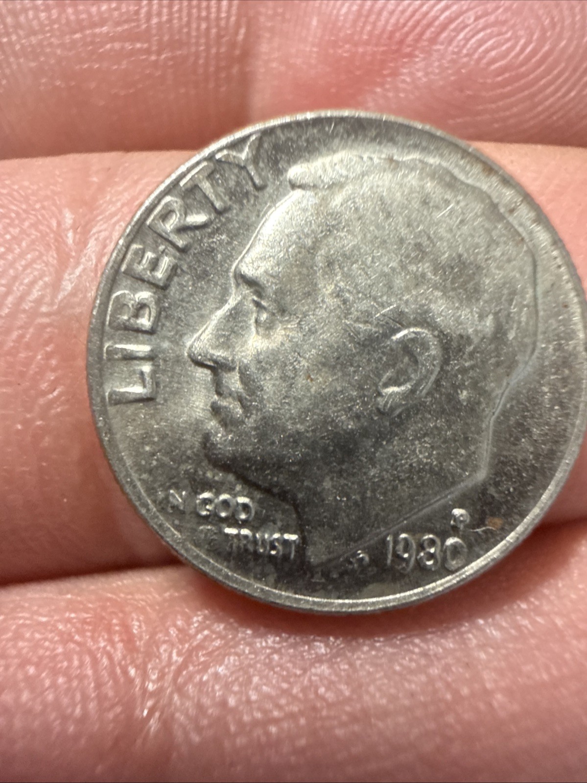 1980 Roosevelt Dime, DD, Missing Letters Reverse Error Coin