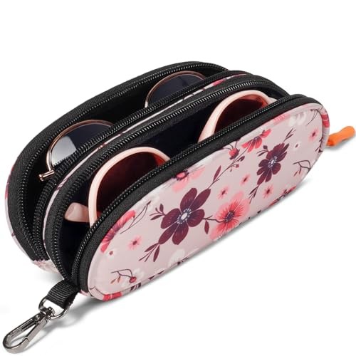 Double Eyeglasses Case Soft Portable Zipper Sunglasses Pouch with Pink Flower
