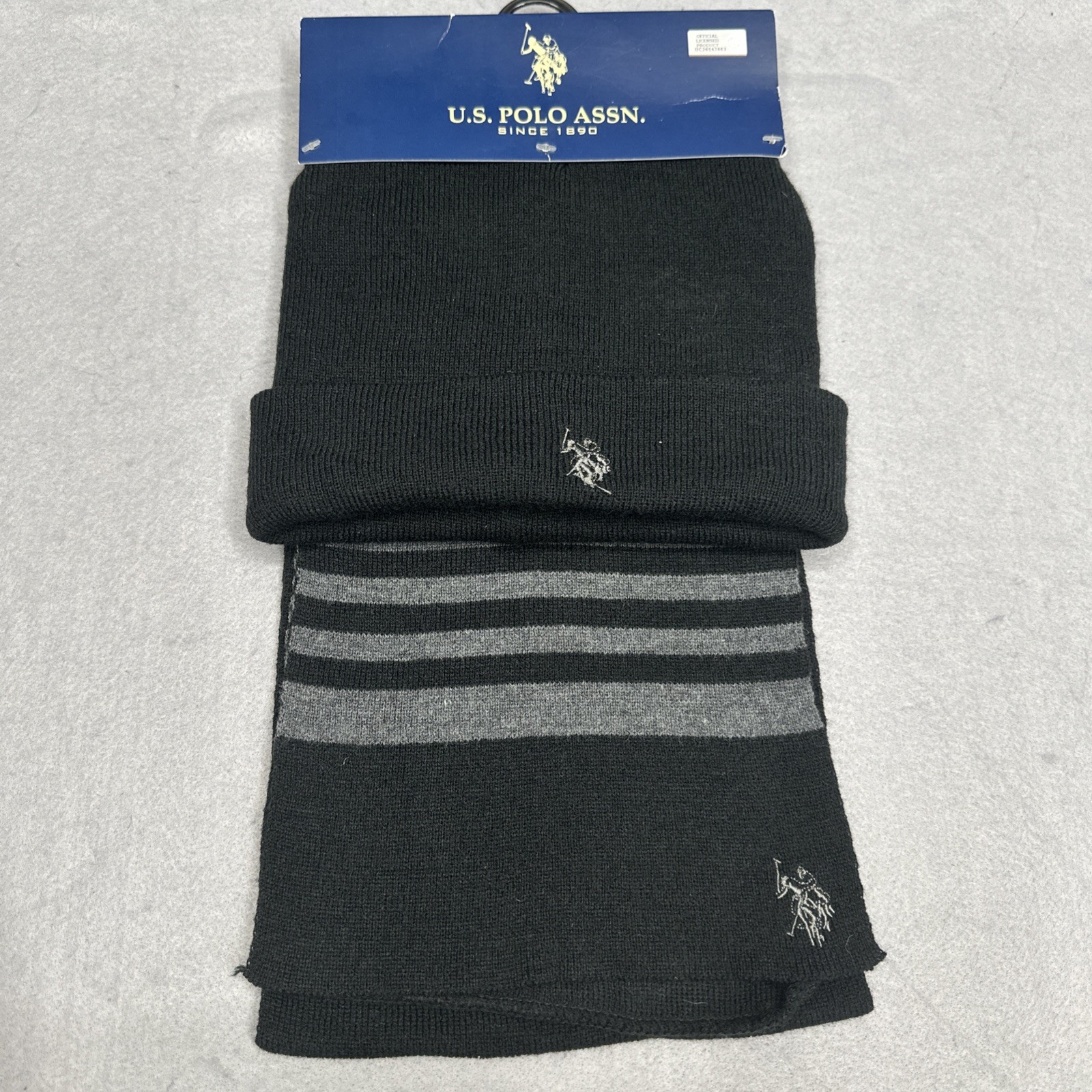 US Polo Assn One Size Beanie Scarf Set Black Knit Winter Hat Glove Set Warm Gift