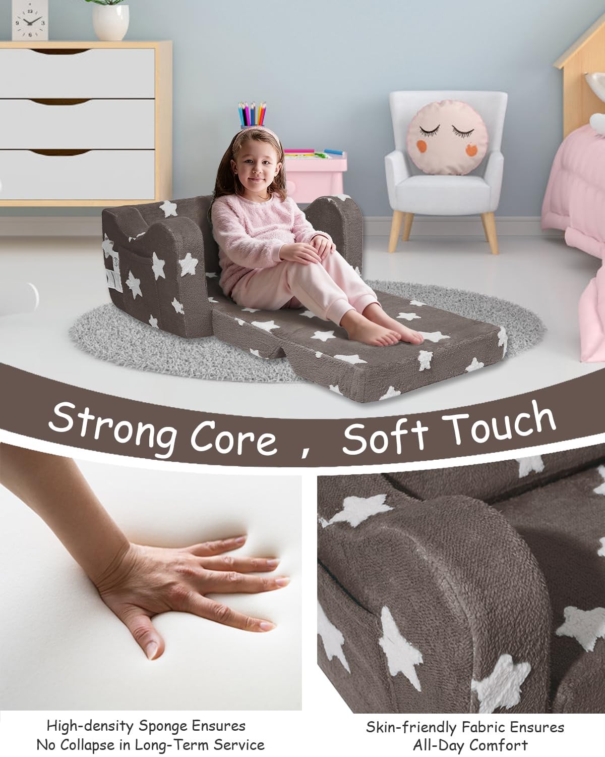Couch, Couch for Fold Out, 2-in-1 Convertible Kid Sofa to Lounger Bed for Gir...