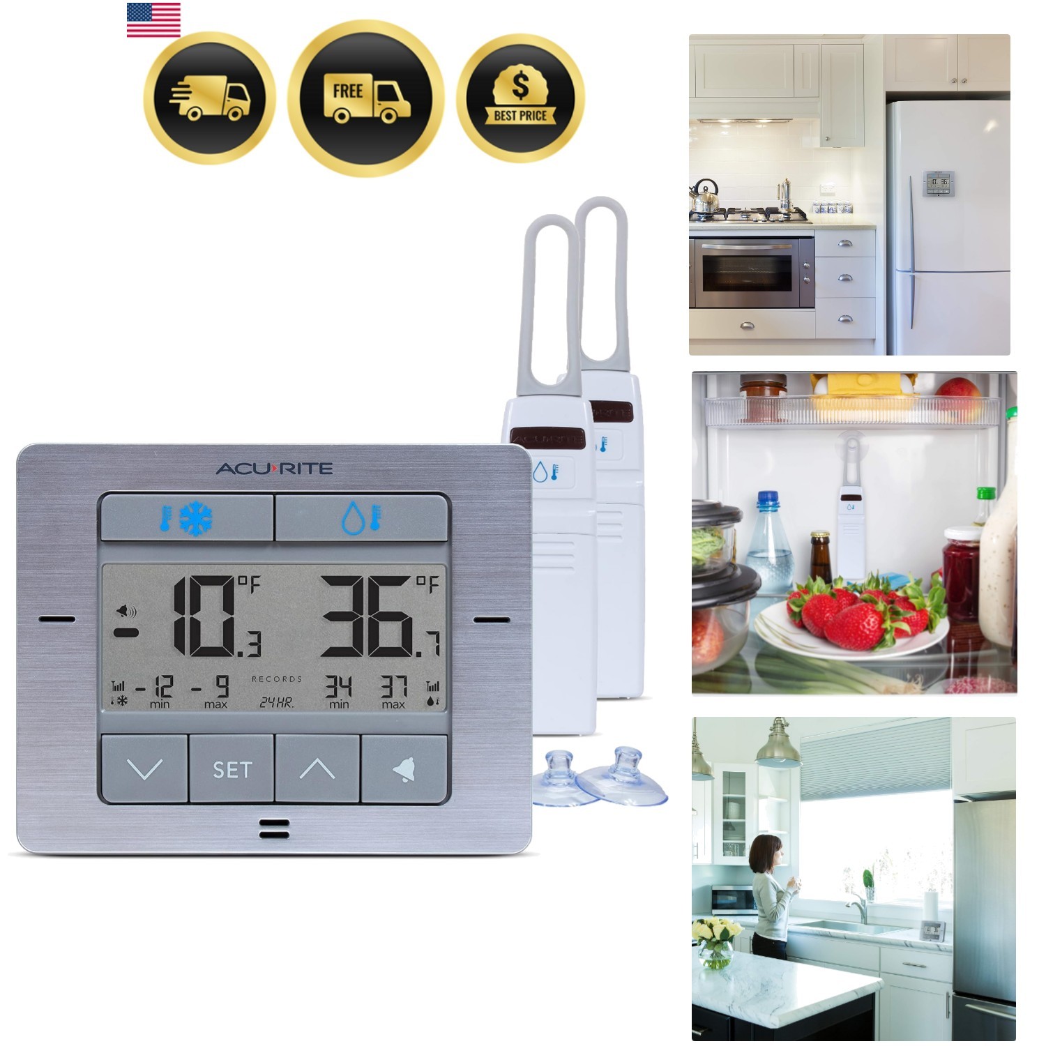 Digital Wireless Fridge and Freezer Thermometer with Alarm, Max/Min Temperatu...