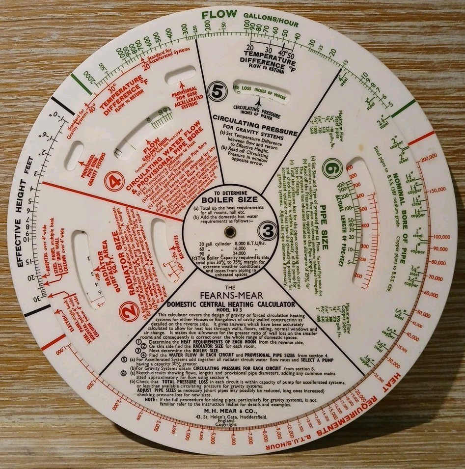 FEARNS-MEAR DOMESTIC Central Heating Calculator Model No.3 Plastic Roundel Gauge