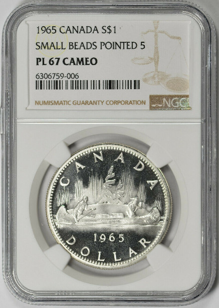 :1965 S1$ DOLLAR ELIZABETH-II CANADA NGC PL67 CAMEO R6 SMALL BEADS POINT 5 VAR 1