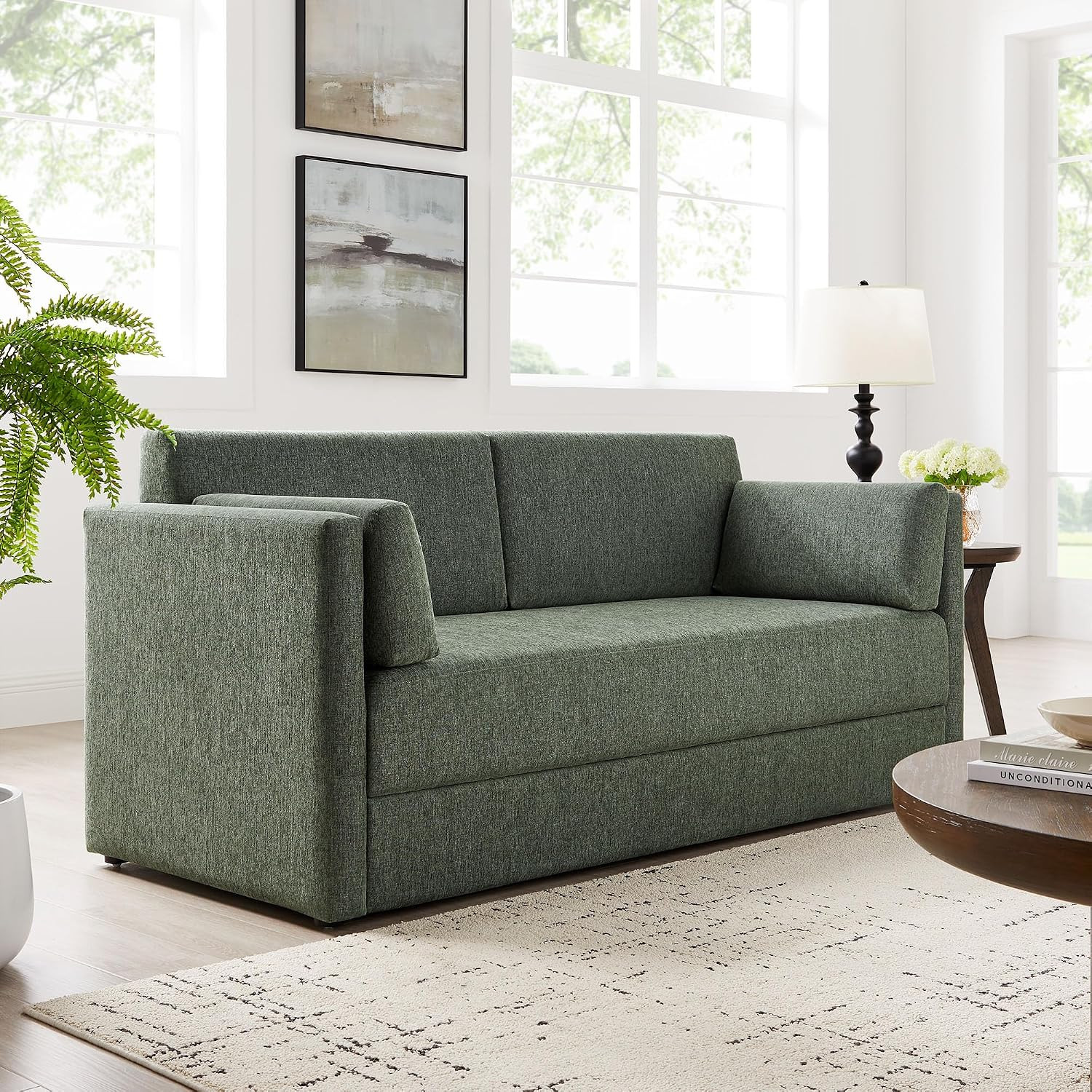 Linden 73 Inch Heathered Chenille Upholstered Sofa in Eucalyptus