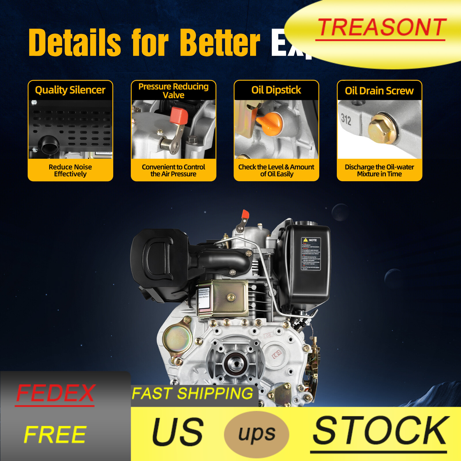 4 Stroke Diesel Engine Heavy Duty Single Cylinder 25mm Shaft 418CC Air-Cooled