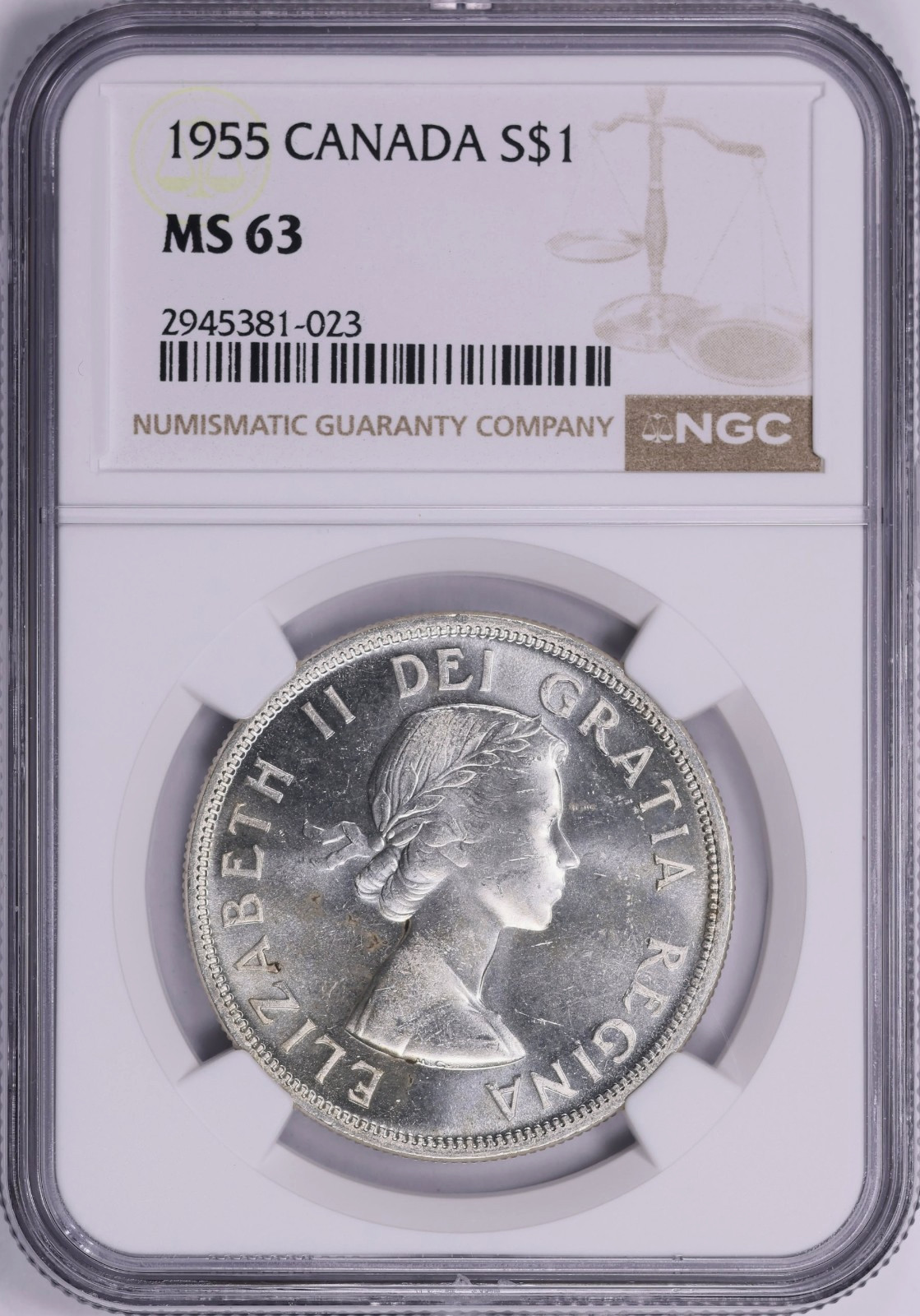 1955 CANADA SILVER 1 DOLLAR ELIZABETH II NGC MS 63 RARE MINT STATE LOW MINTAGE