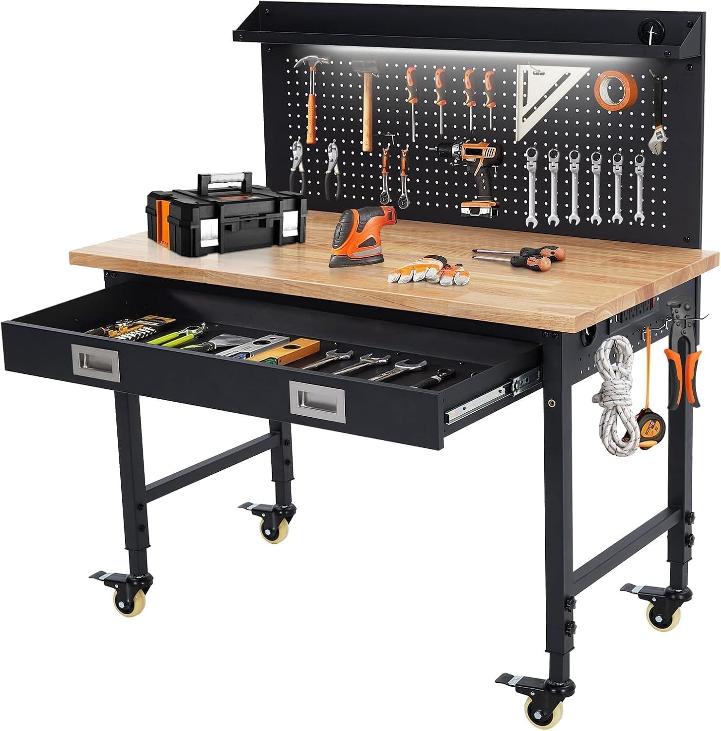 48" Heavy Duty 2000 lb Adjustable Workbench with Outlets and Wheels for Garage