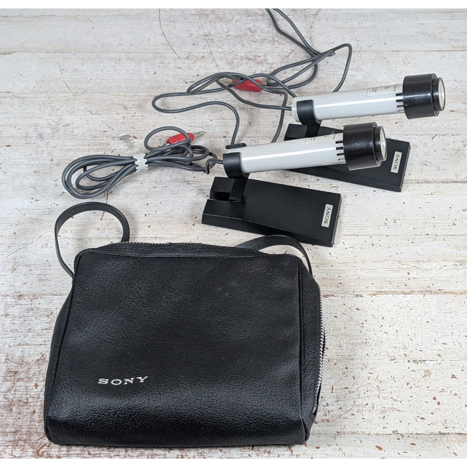 Pair SONY F-25 Cardoid Small Microphone w/ Stand Case 3.5mm 1/8" *PARTS/REPAIR*