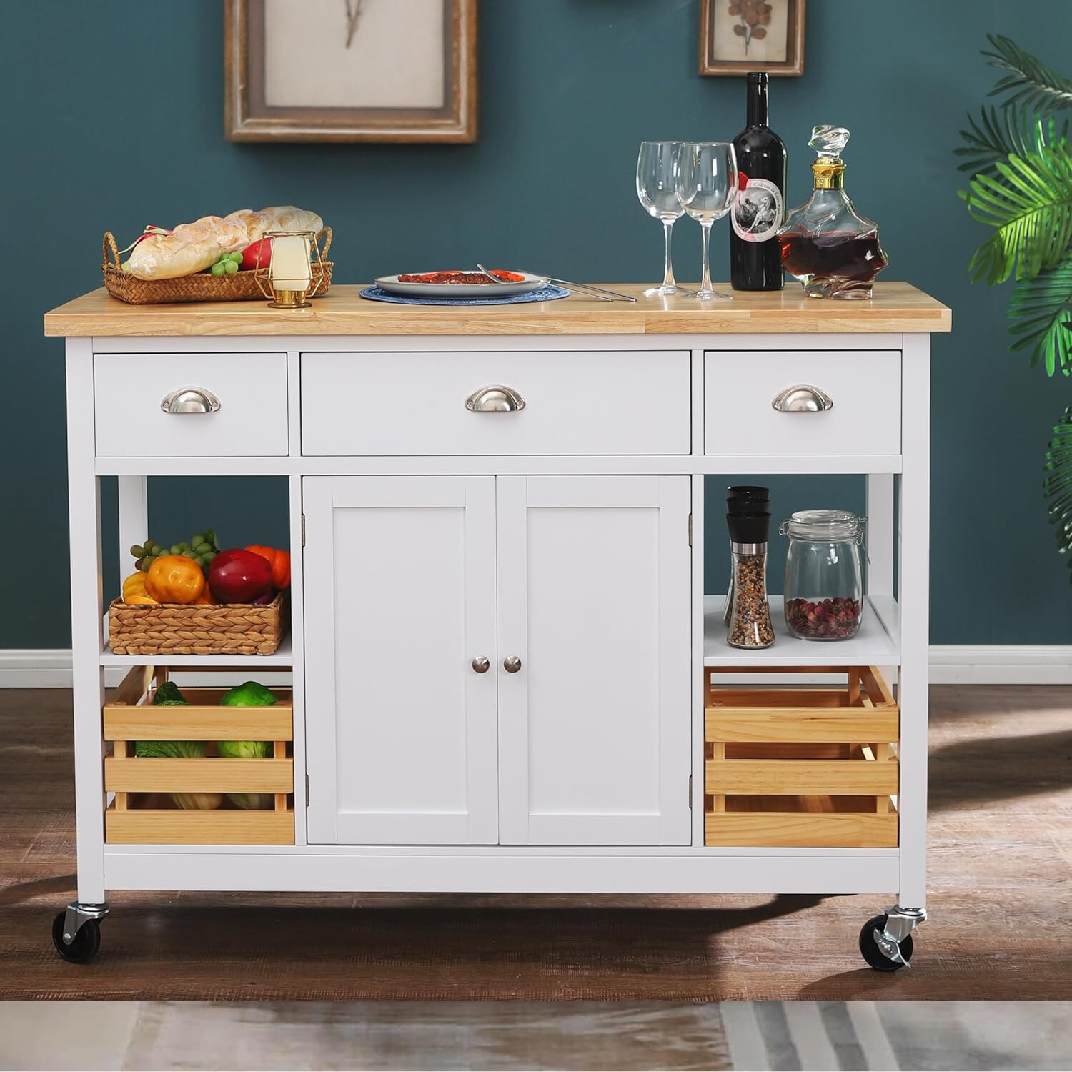 Rolling Kitchen Island Wood Mobile Serving Cart w/Storage for Home Restaurant
