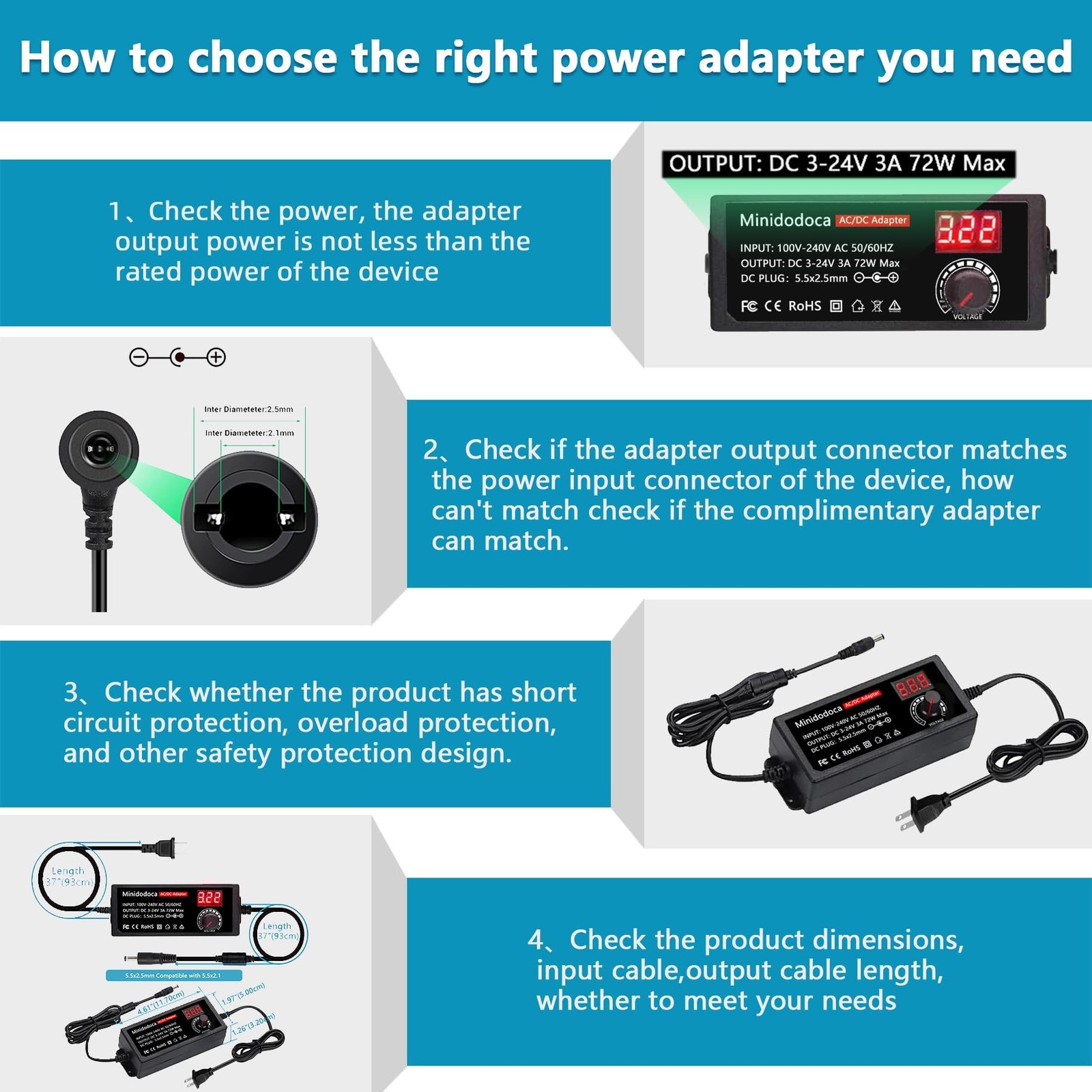 72W Power Supply Adjustable 3V ~ 24V Variable Universal Switching AC/DC Adapt...