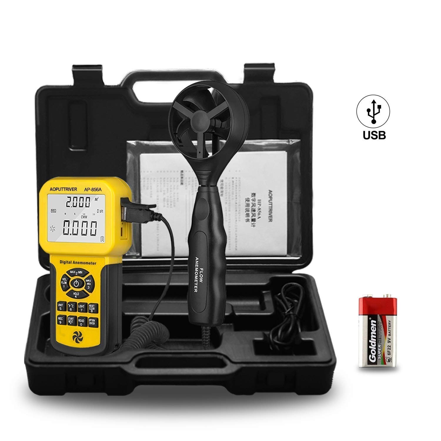 Pro HVAC Anemometer Handheld CFM Meter Wind Speed Meter with USB Data Export ...