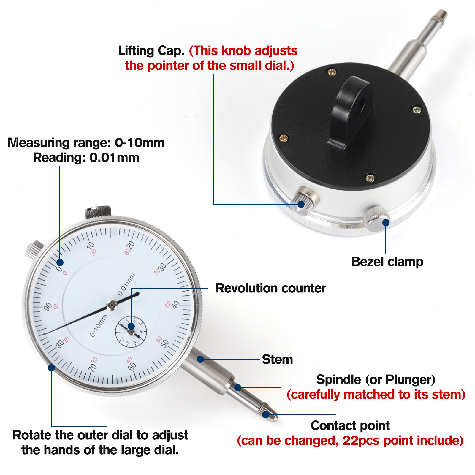 Dial Indicator with Magnetic Base 0.01"Precision Gauge Test Indicator Point Set