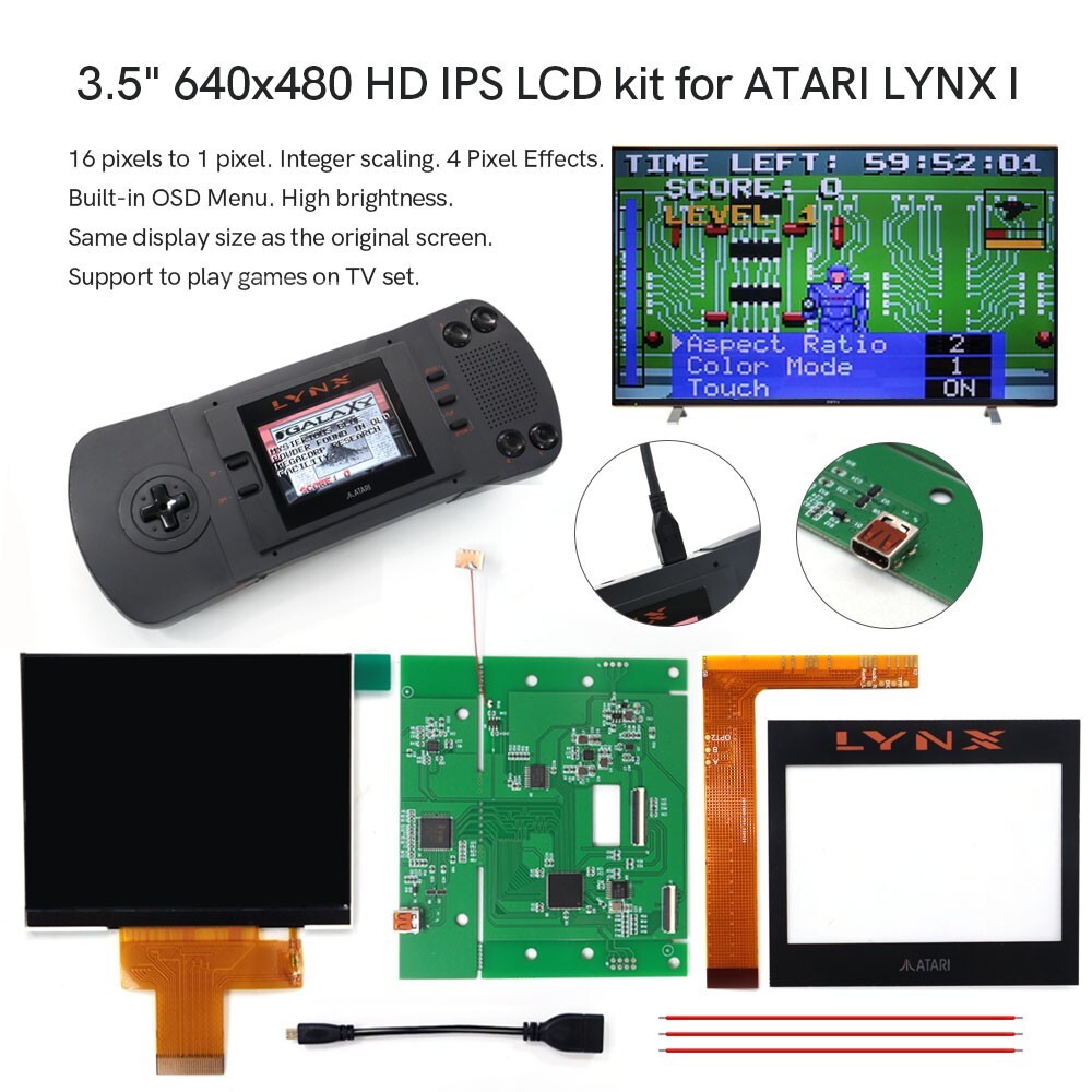 3.5" 640x480 Retro Pixel HD IPS LCD Screen HDMI kit For ATARI LYNX Ⅰ Console