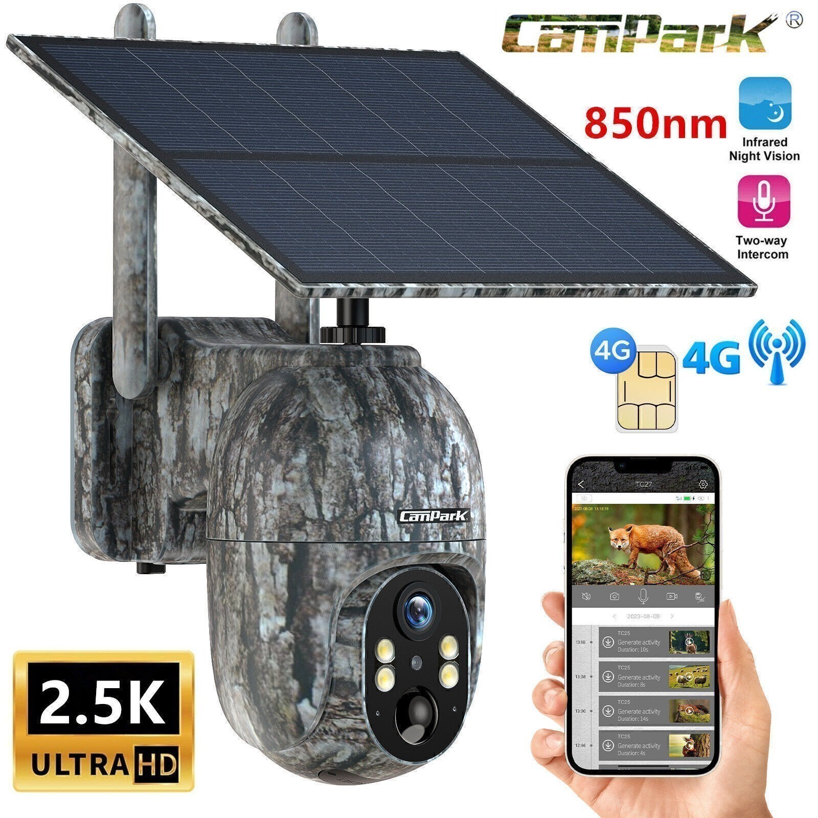 4G LTE 2.5K Solar Trail Camera 10400mAh Game Camera w/ 850nm Night Vision Motion