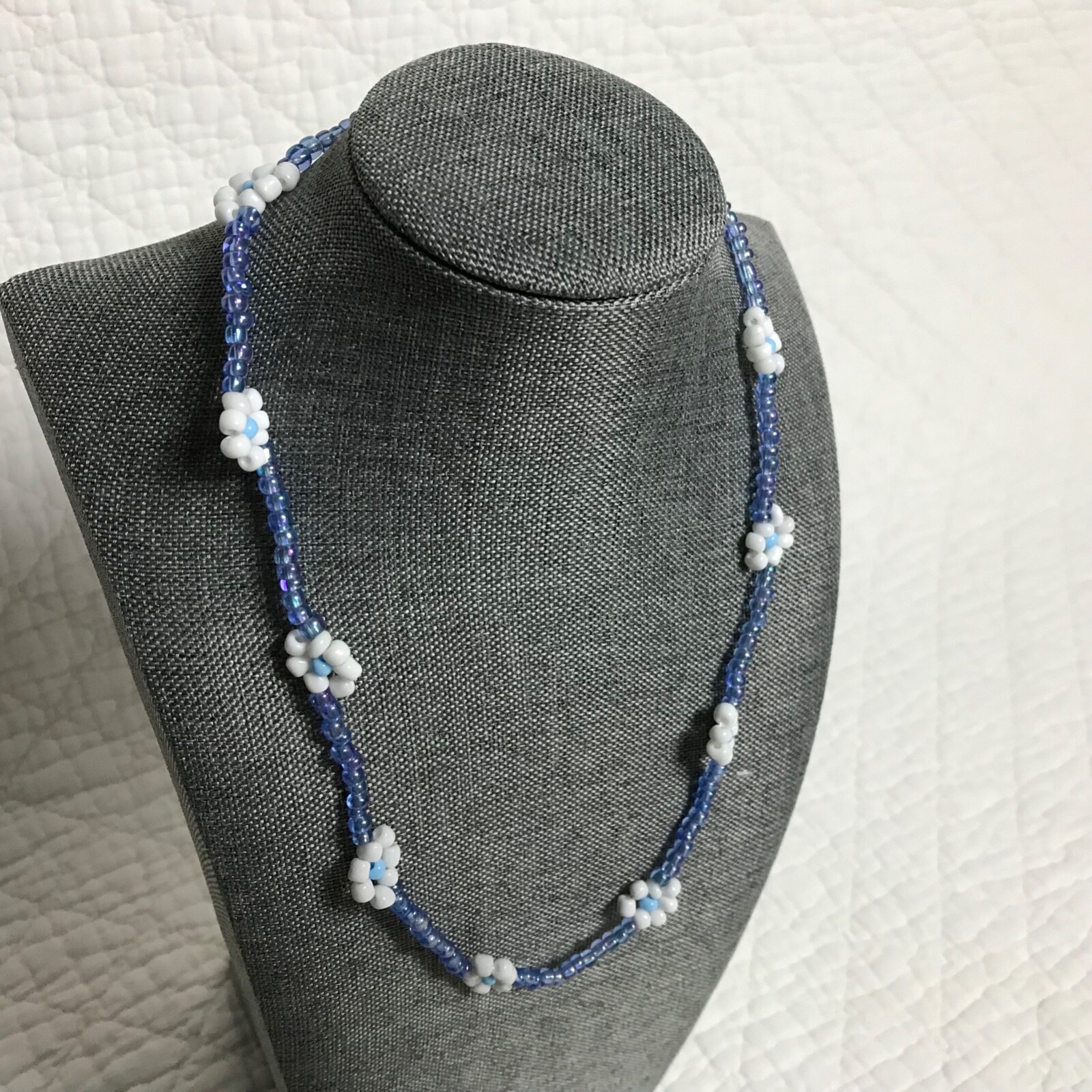 PRETTY NECKLACE HANDMADE BEADED BLUE WHITE FLOWERS