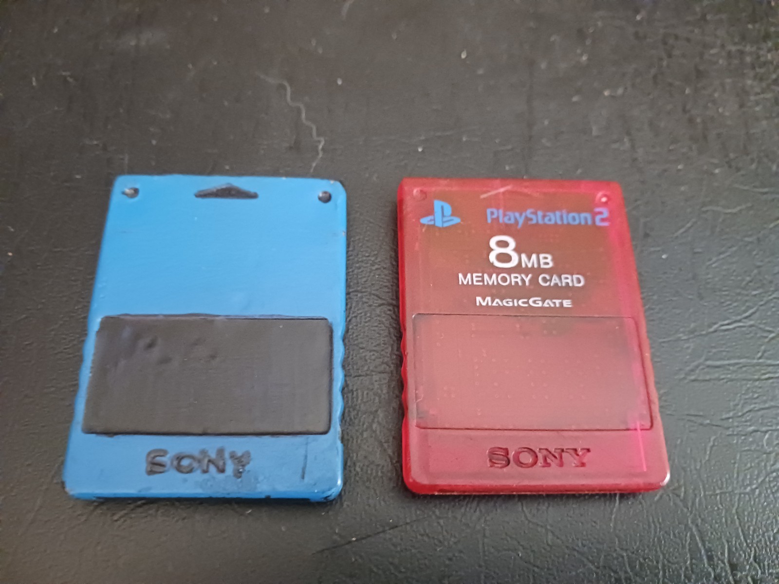 Lot Of 2 PlayStation 2 PS2 8 Mb Memory Cards Clear Red + Painted Blue Tested!