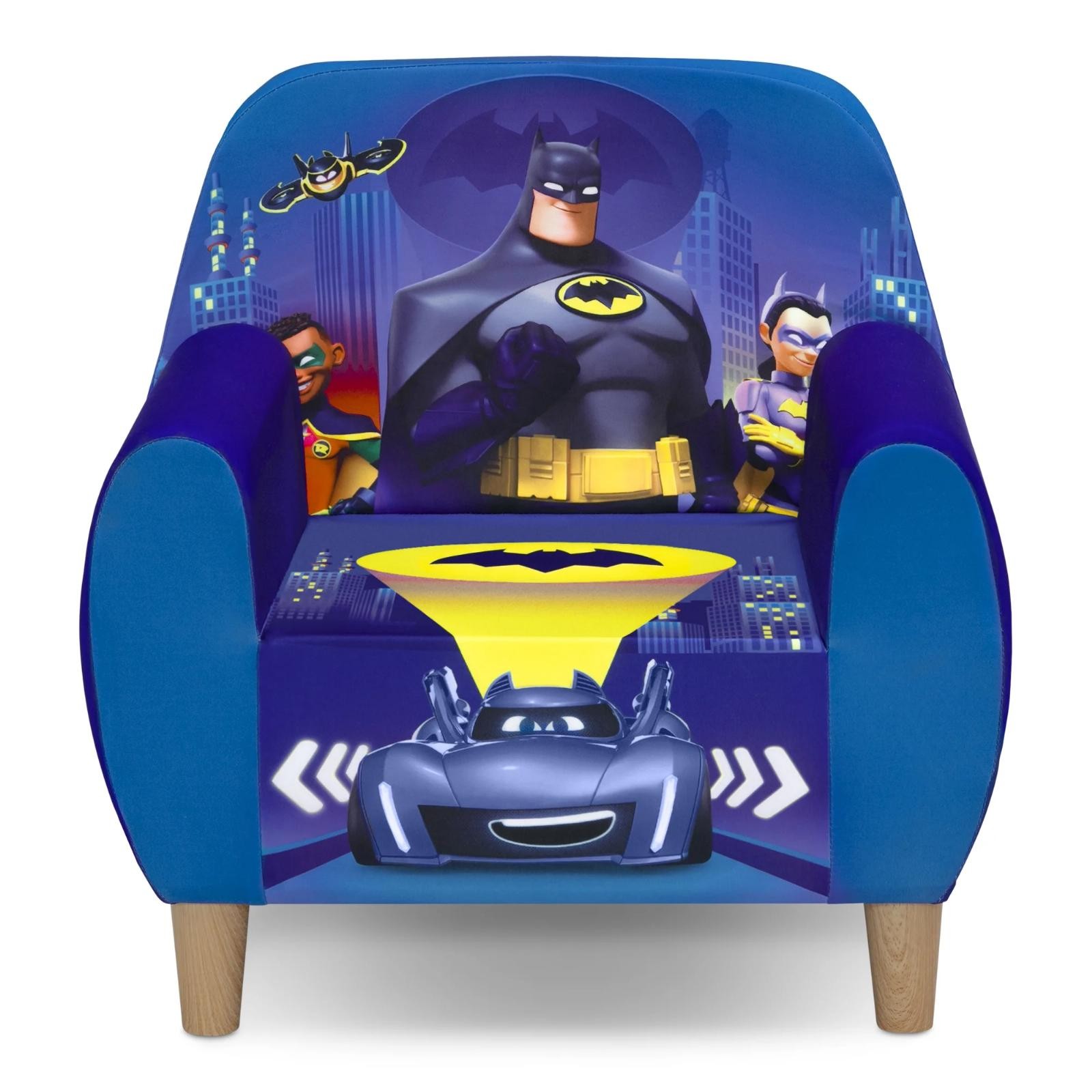 Kids Batman Batwheels Blue Upholstered Chair Toddler Foam Armchair Wood Frame
