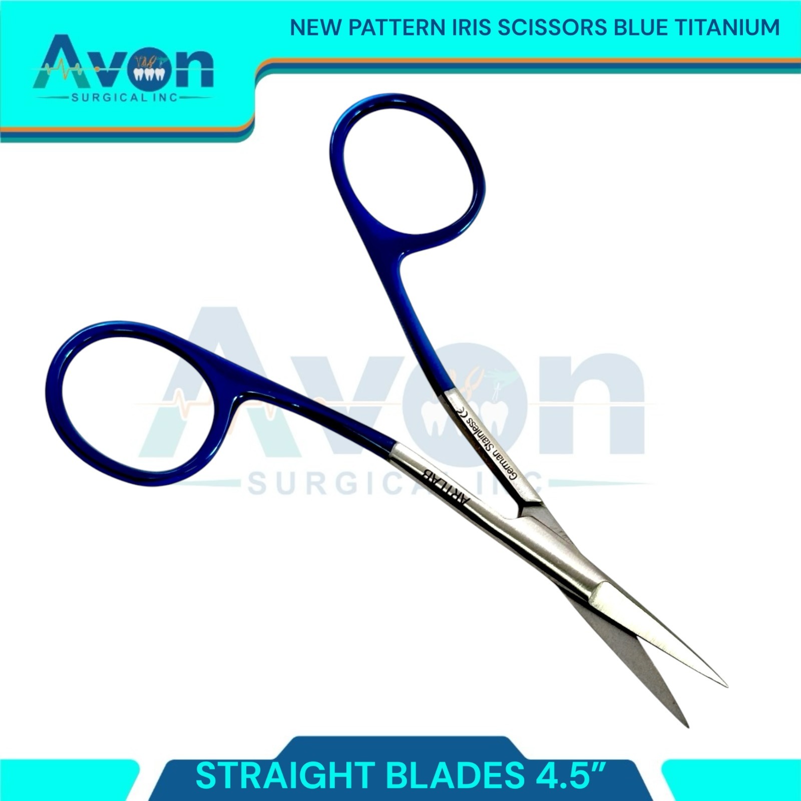 New Pattern Straight Blades Iris Scissors 4.5" Titanium Coated Rings - Blue -1pc