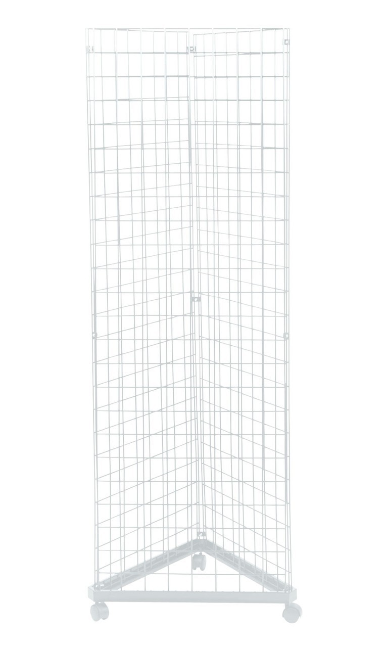 Wire Grid Triangle Tower Display Rack Casters Rolling Casters White 2' x 6 ½' H