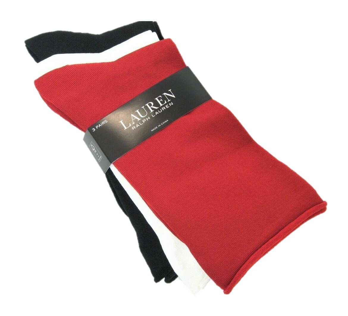 3 PR Ralph Lauren Ladies Socks Crew Roll Top Solid Red White Black Asst
