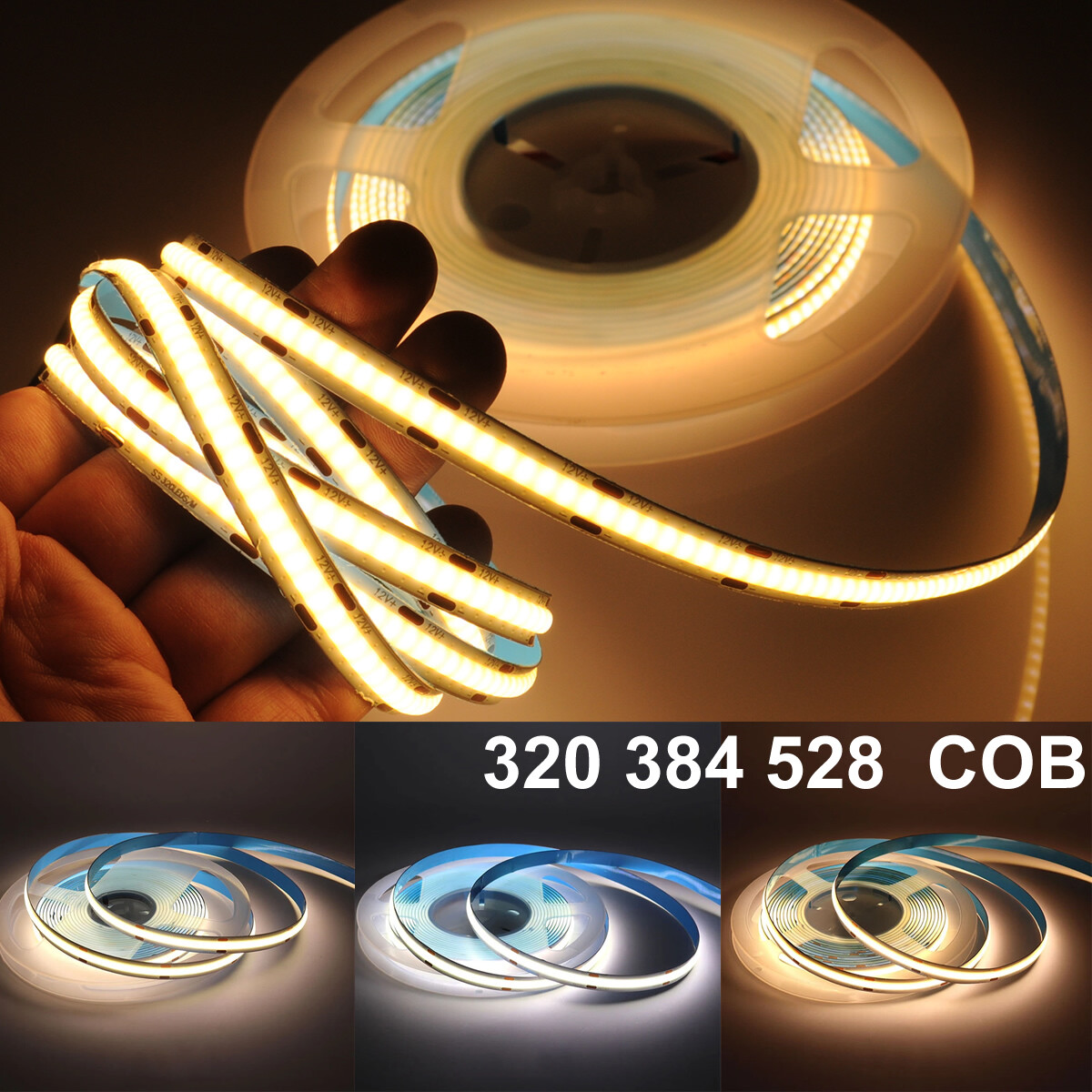 DC 12V 24V COB LED Strip Light 320 384 528 LED/M High Density Flexible FCOB COB