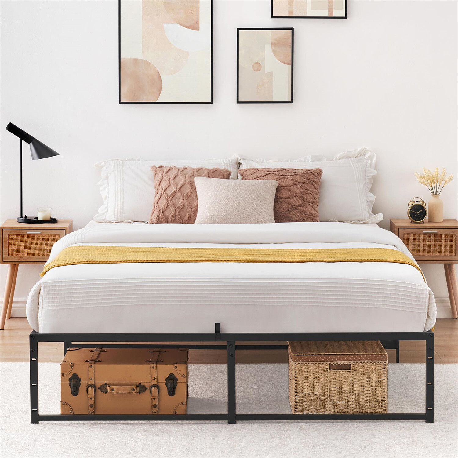 Full Size Bed Frame Platform 14 inch No Box Spring Needed 3 in 1 Steel Suppo