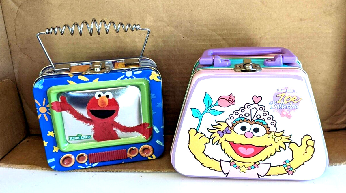 2 Lunch Boxes Zoe Ballerina AND Elmo. Metal Collectible Sesame Street 2004 NEW