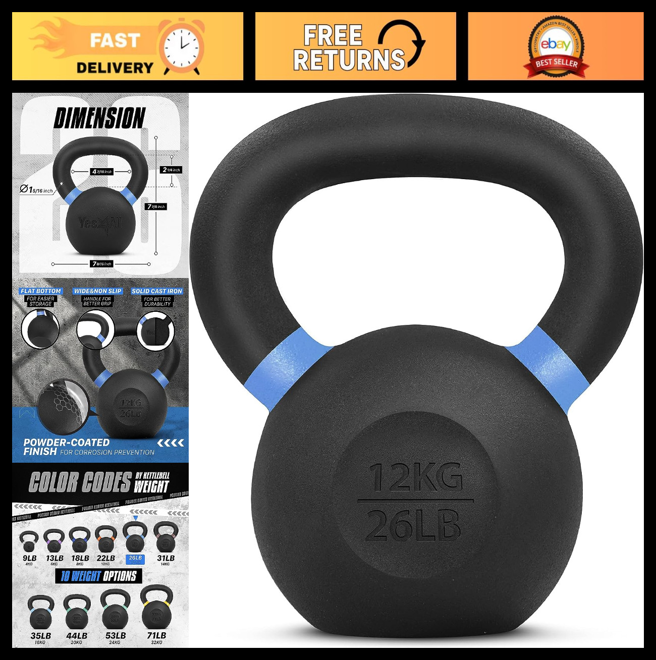 Heavy Duty Powder Coated Kettlebell - Cast Iron, Non-Slip Handle, 9lb to 71lb Pa