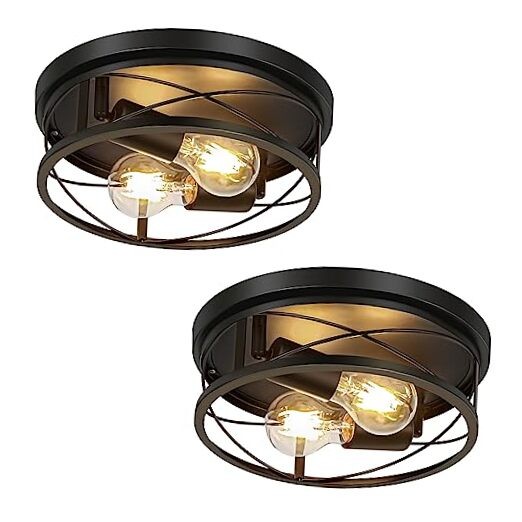 Farmhouse Lights,Industrial 2 Pack Round Metal Flush 10.63inch-2pack Black
