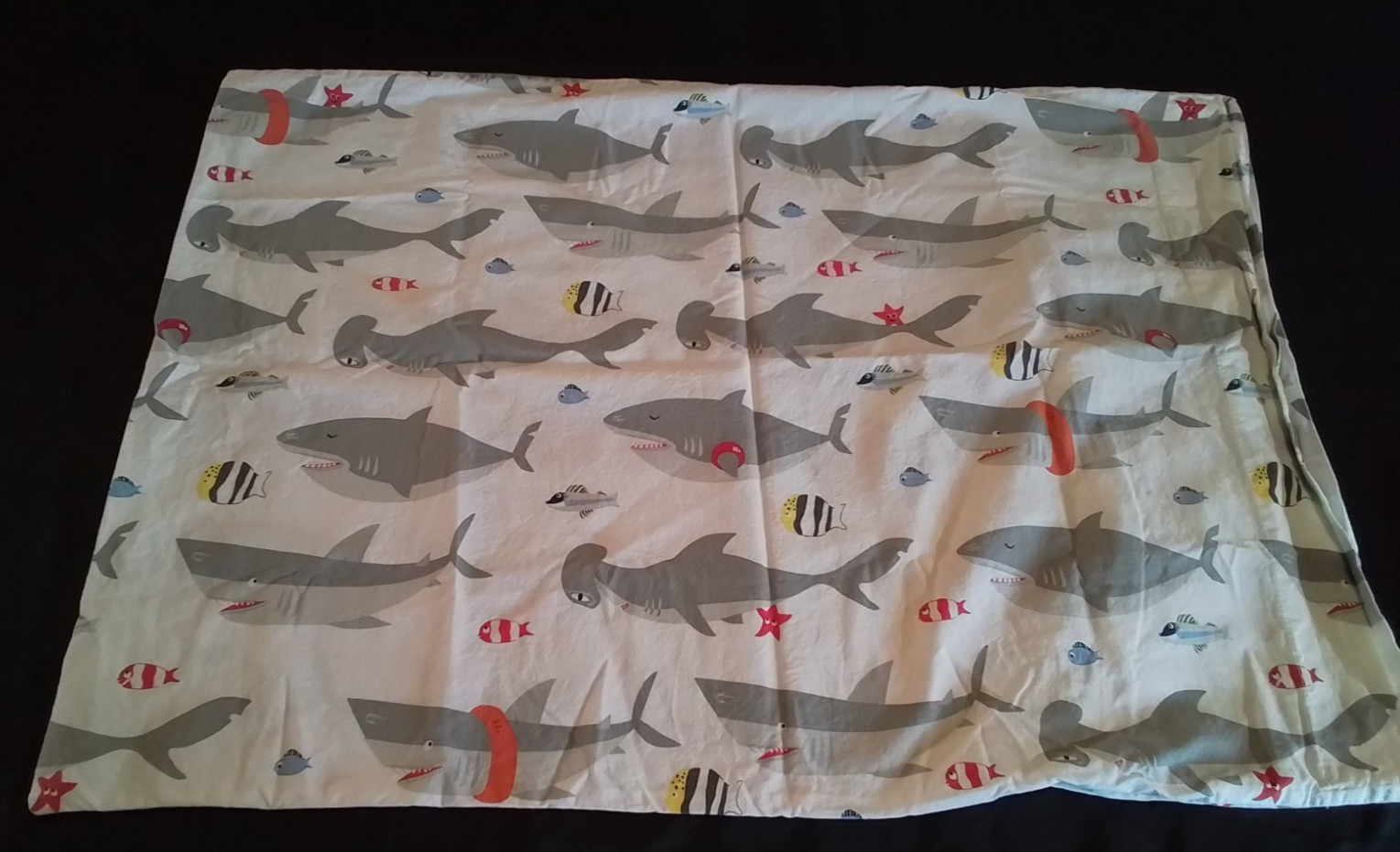 Pottery Barn Kids Shark Std Pillowcase White Gray Ocean Fish Red Blue Yellow