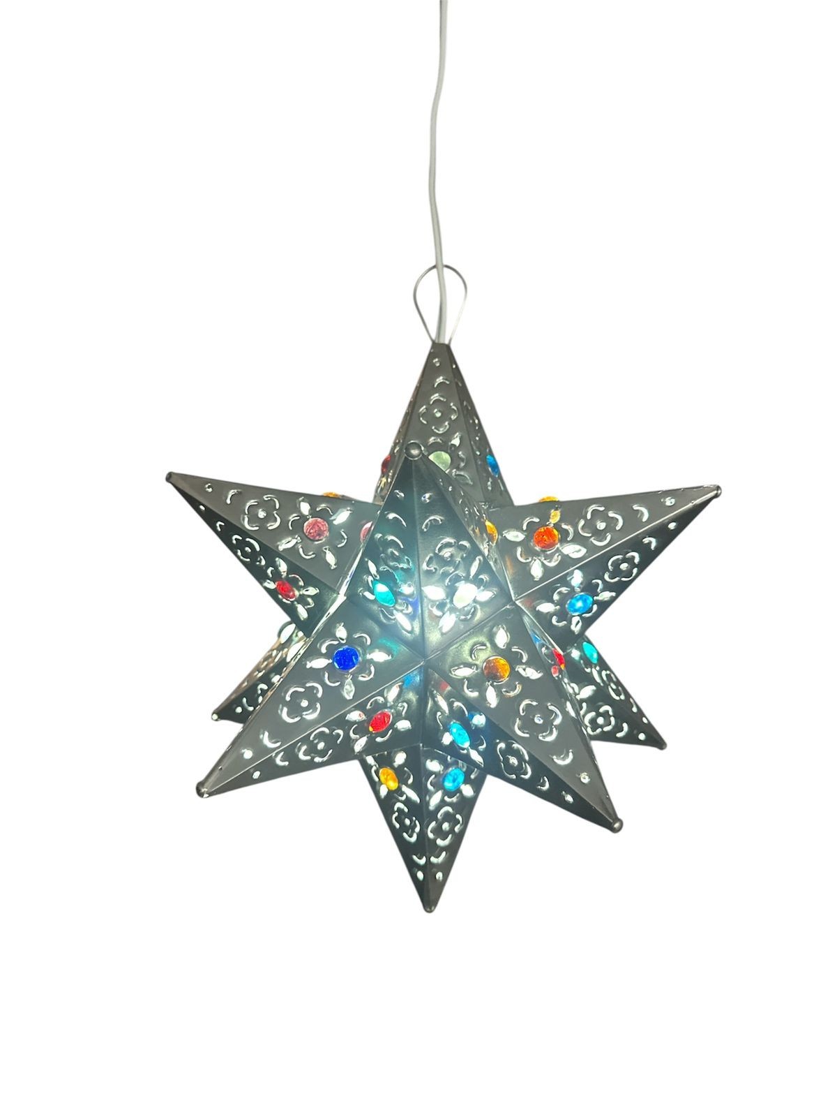 Moravian Star Pierced Metal Glass Pendant Light Lamp Hanging w/marbels 12 ''