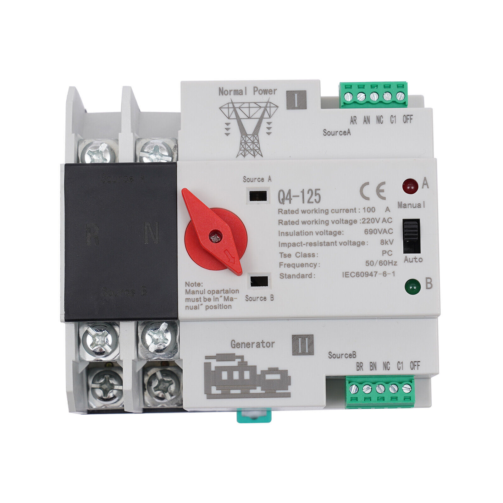 Dual Power 100A Automatic Transfer Switch 2P for Generator Use